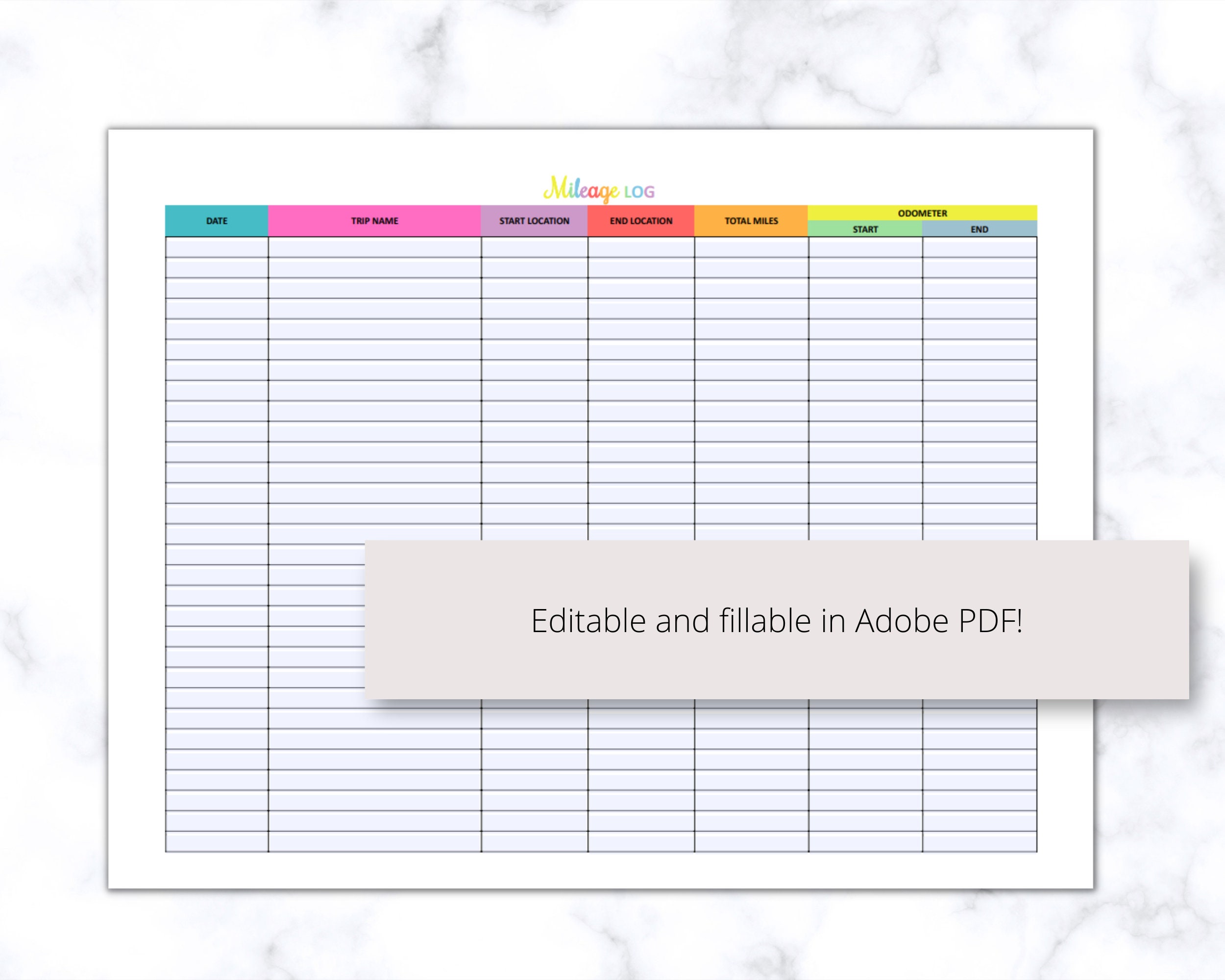 Multi-color Mileage Log Printable PDF, Odometer Tracker, Trip Log ...