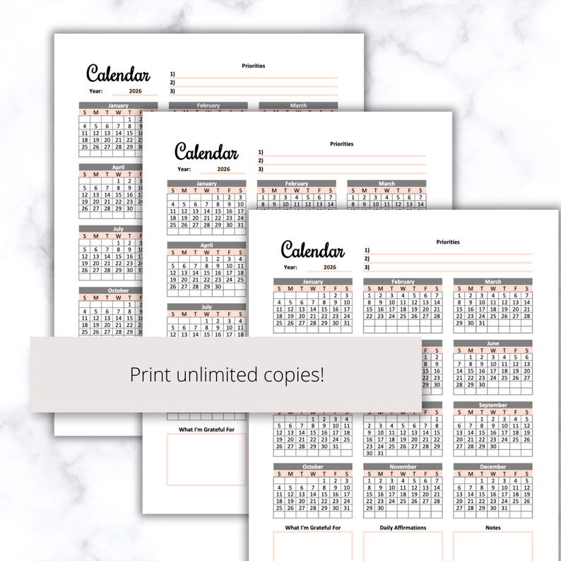2026 Calendar Printable PDF in Color, Year at A Glance PDF, 2026
