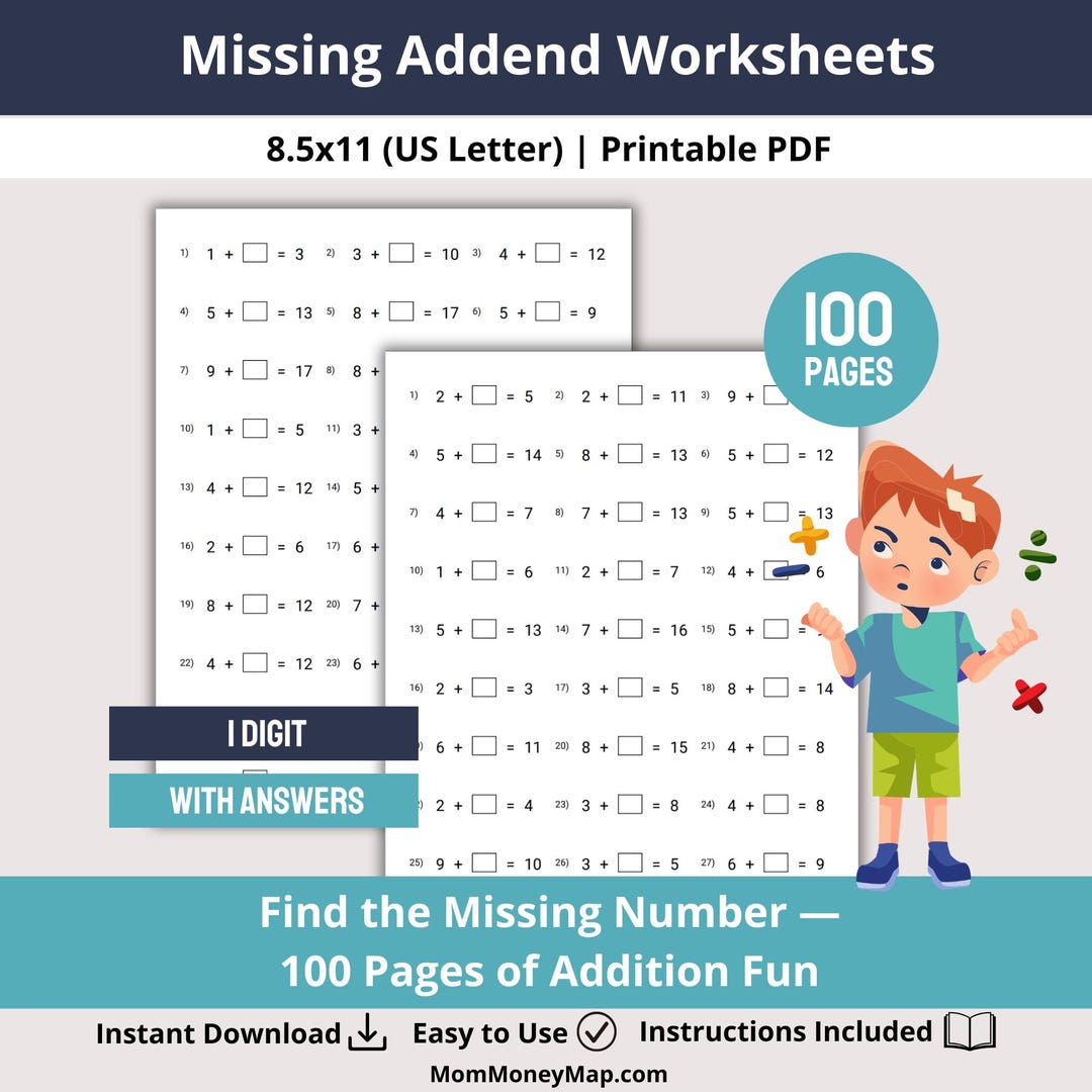 Missing Addend Worksheets Printable PDF 1 Digit + 1 Digit Addition ...