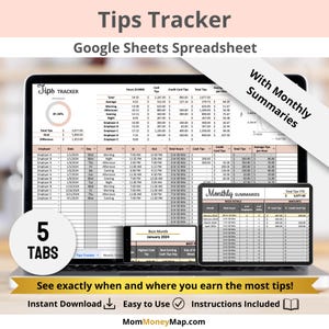 May include: A laptop screen displays a Google Sheets spreadsheet titled "Tips Tracker." The spreadsheet includes data tables, charts, and the text "With Monthly Summaries." The screen also shows "5 TABS" and the text "See exactly when and where you earn the most tips!"