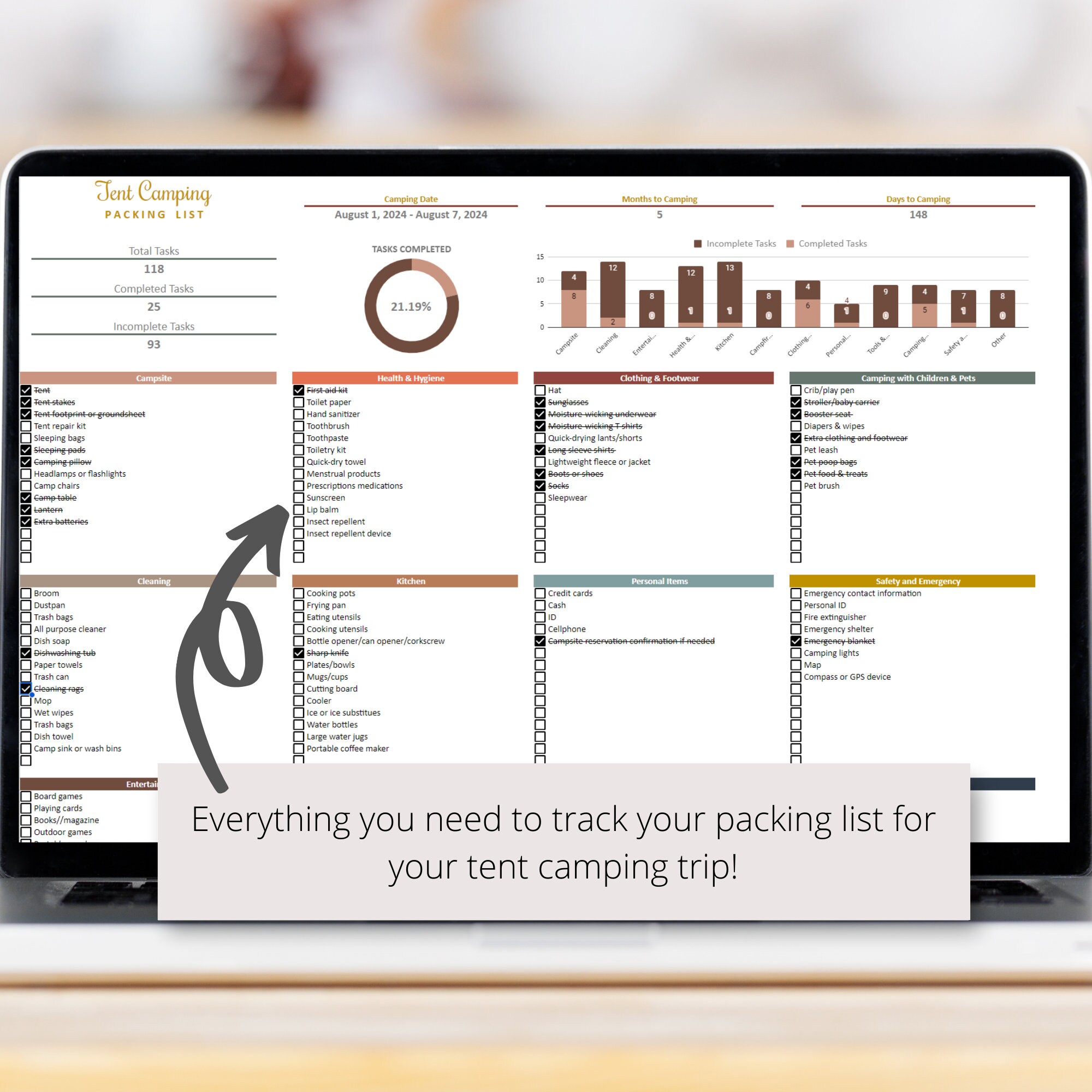 Tent Camping Checklist Google Sheets Spreadsheet, Camping Packing List, Camping Essentials