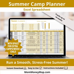 Puede incluir: Una computadora portátil muestra una hoja de cálculo de planificación de campamento de verano. La pantalla presenta una tabla detallada con columnas para nombres de campamentos, actividades y costos. El texto en la pantalla incluye "Summer Camp Planner" y "Tracks up to 14 weeks." La imagen también incluye el texto "Run a Smooth, Stress-Free Summer!"