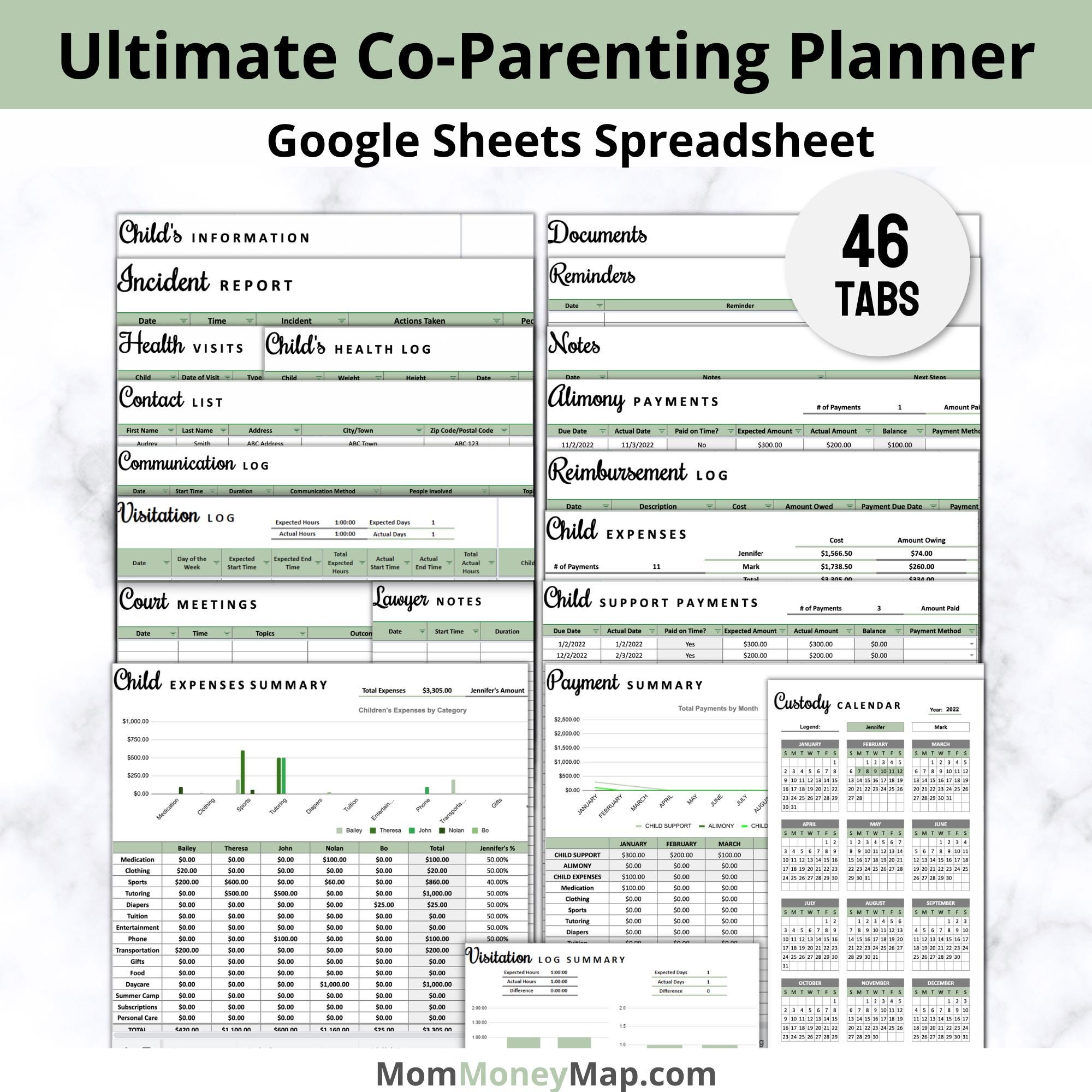 Ultimate Co-Parenting Planner Google Sheets Spreadsheet, Child Custody Planner, Healthy Co-Parenting with a Child Support Tracker Template