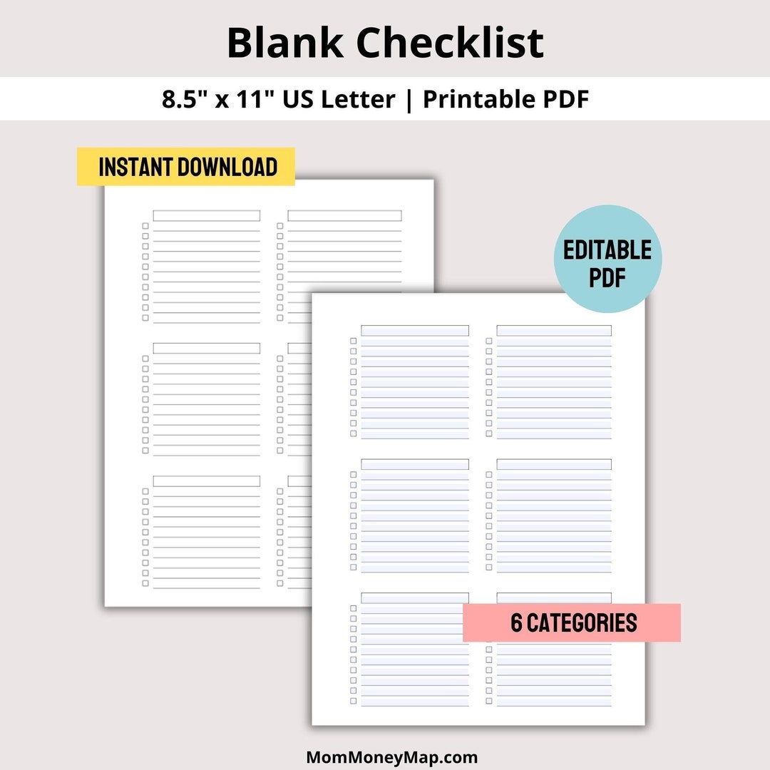 Blank Checklist Printable PDF With 6 Categories, Blank to Do List ...