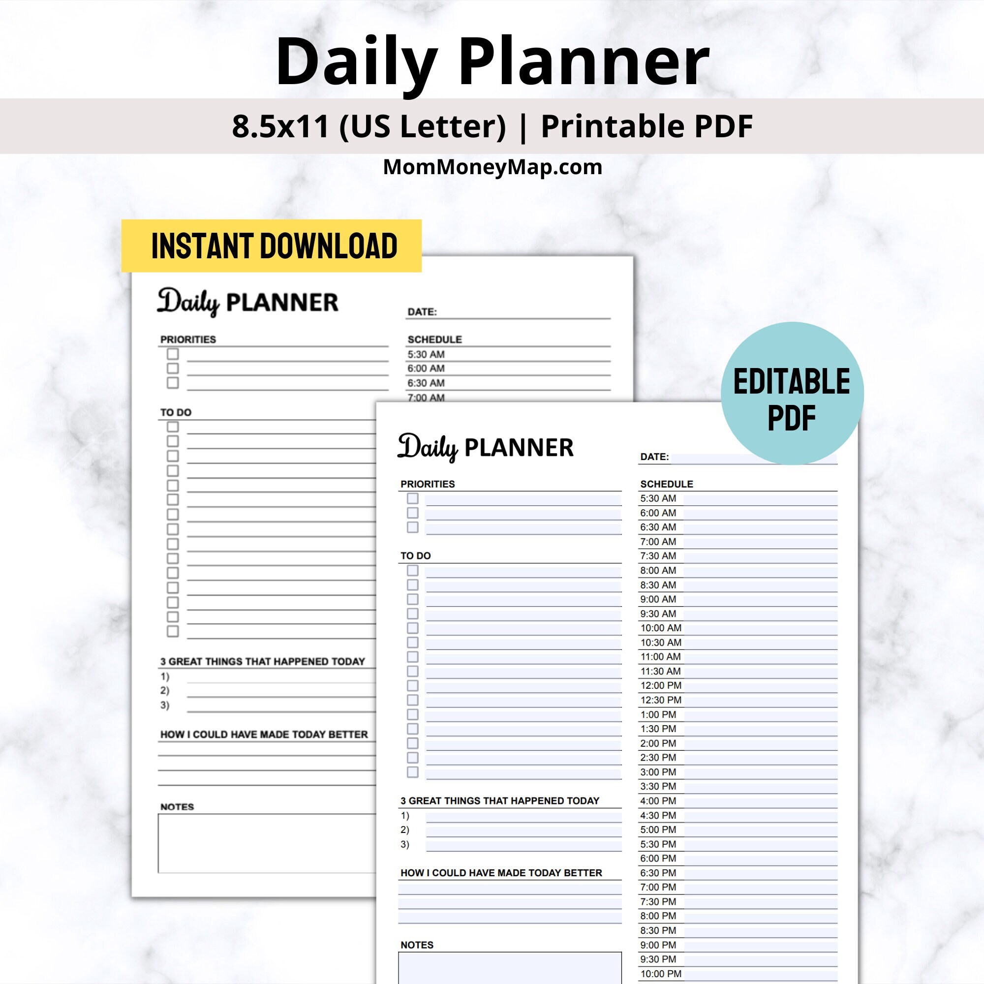 Editable Daily Planner Printable PDF, Daily Organizer, Productivity