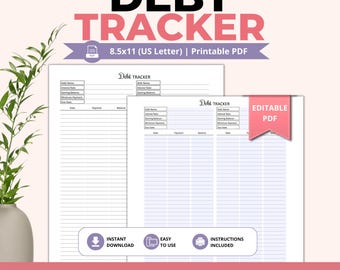 Debt Tracker Printable PDF for Tracking Debts, Balances, Payments, Payoff Progress and Debt Free Goals (Digital Download)