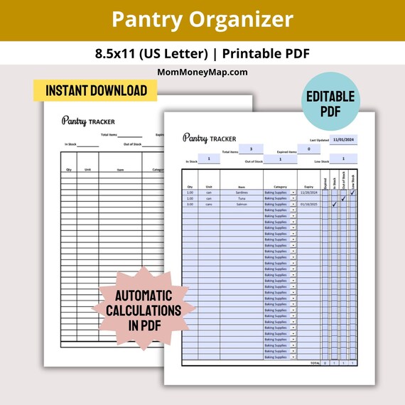Pantry Organizer Printable PDF, Pantry Tracker, Food Bank Inventory Tracker, Pantry Inventory List PDF Template, Pantry Organization PDF