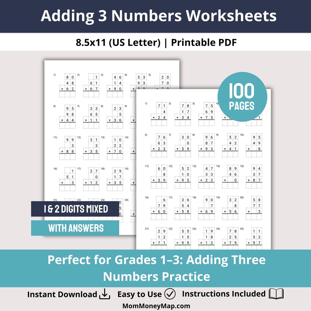 Math Worksheets Adding 3 Numbers PDF, Mixed 1 & 2 Digit Addition ...