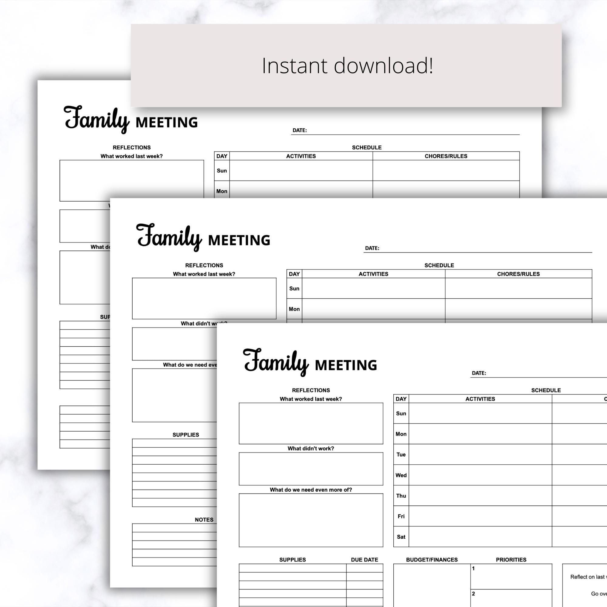 Family Meeting Agenda Printable PDF, Family Meeting Template, Home