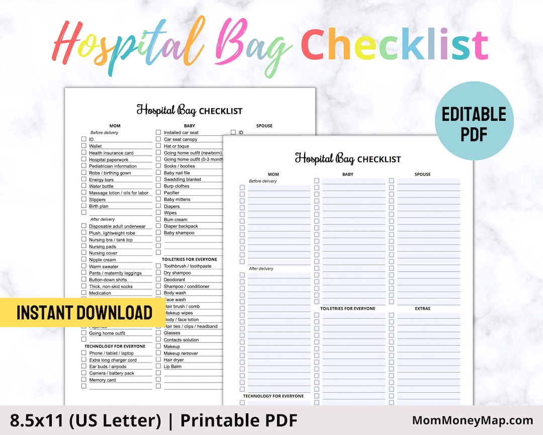 Hospital Bag Checklist Printable PDF Hospital Bag Must Haves Etsy