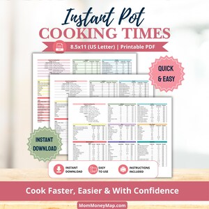 Instant Pot Cooking Times Cheat Sheet Printable PDF for Pressure Cooker Cooking Times, Food Preparation and Kitchen Reference (Digital)