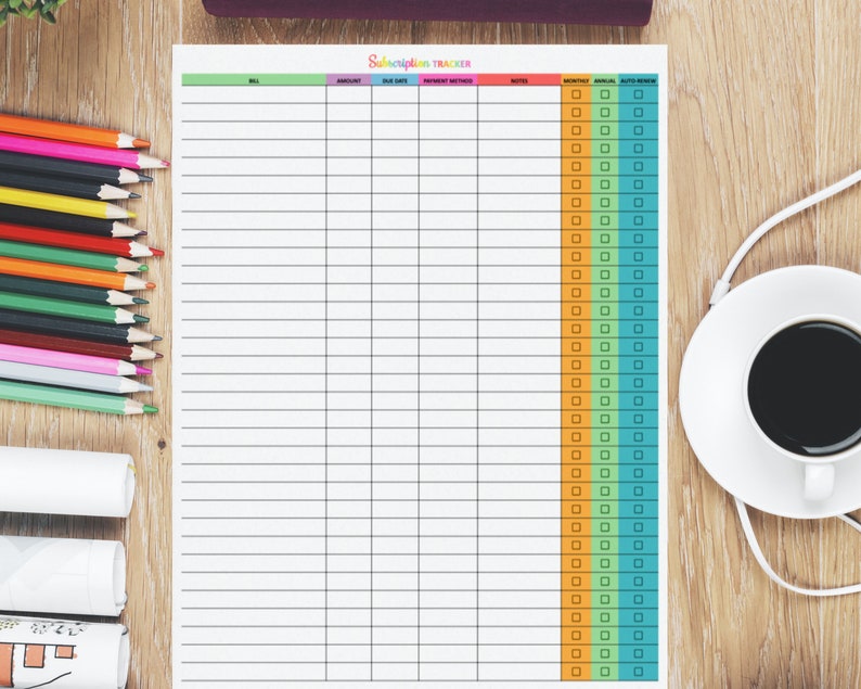 subscription tracker printable