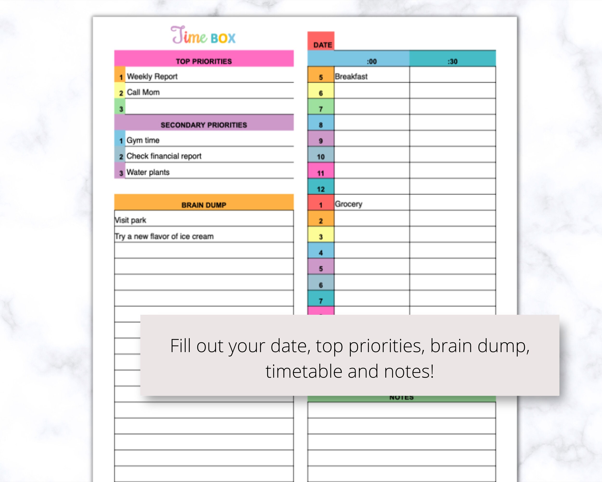 Multicolor Time Box Planner Printable PDF Daily Time Etsy