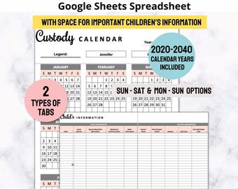 Co-Parenting Calendar With Child's Information Google Sheets Spreadsheet, Co Parenting Calendar, Child Custody Calendar, Custody Schedule