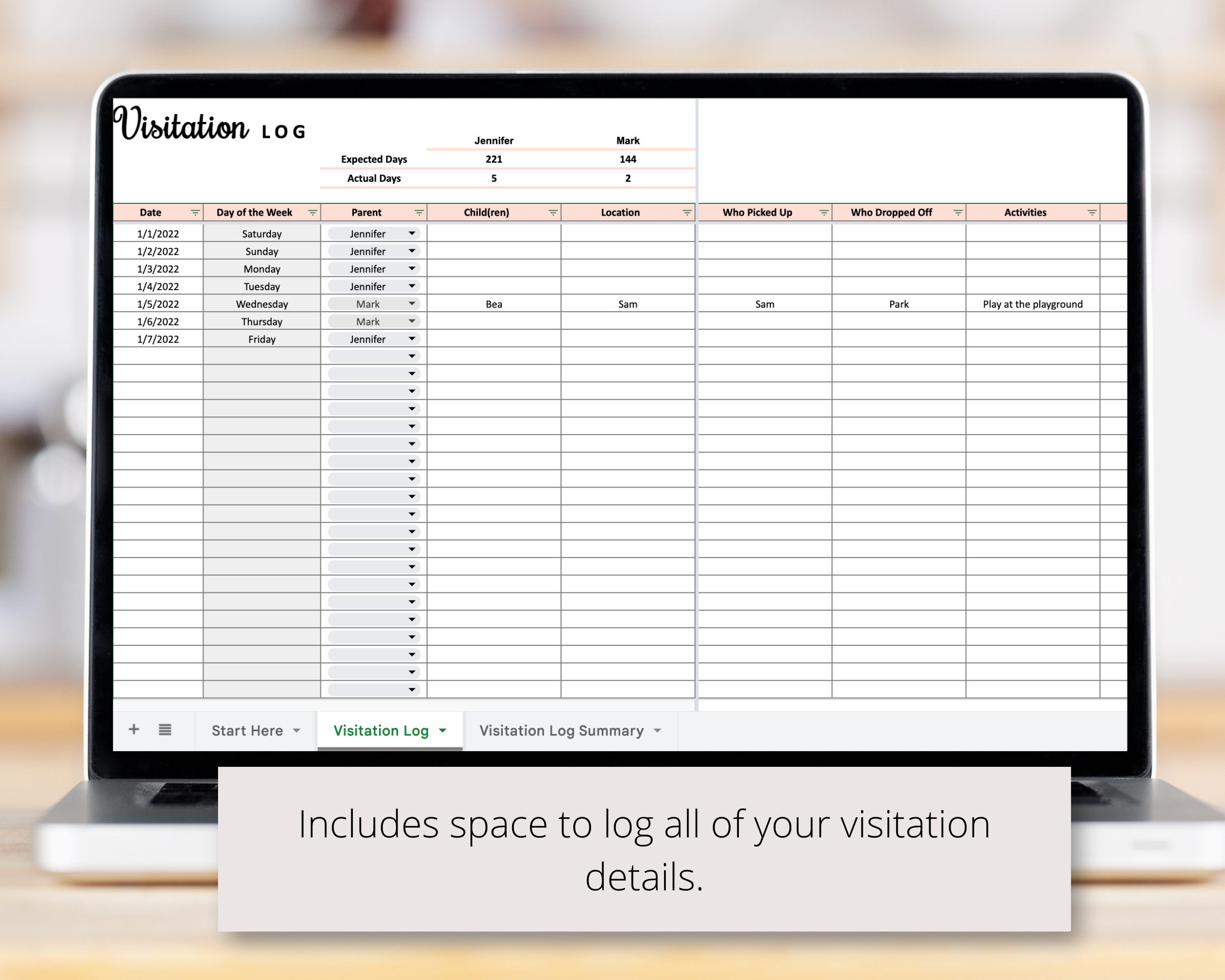 Child Custody Visitation Days Tracker Google Sheets Etsy