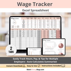 Pode incluir: Captura de tela de uma planilha de controle de salários exibida em um laptop e tablet. A tela mostra tabelas de dados e gráficos. O texto "Wage Tracker" e "Excel Spreadsheet" é visível. A imagem também inclui o texto "2 Tabs".