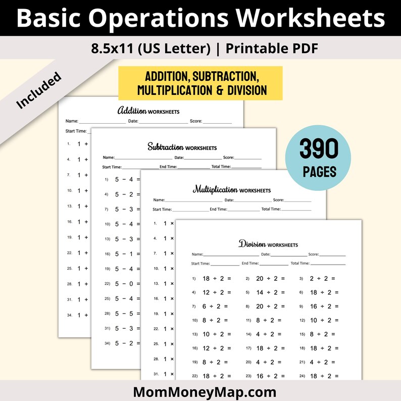 addition subtraction multiplication division worksheets kids