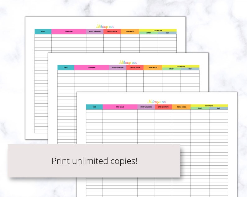 Multi-color Mileage Log Printable PDF, Odometer Tracker, Trip Log ...