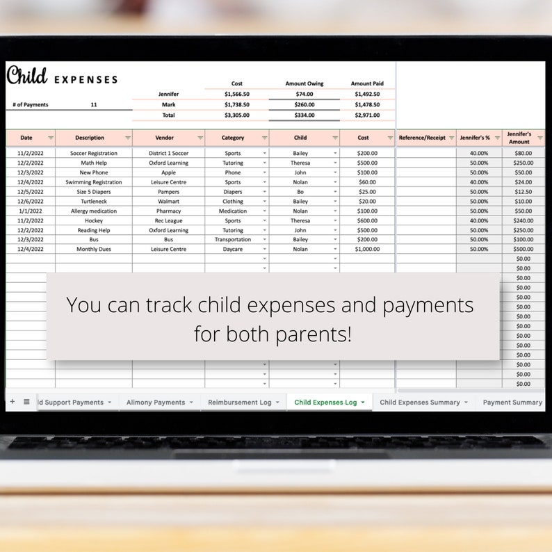 Child Support Tracker Google Sheets Spreadsheet, Child Custody Planner