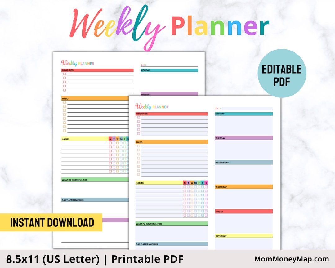 Multi-color Weekly Planner Printable PDF Week Organizer - Etsy
