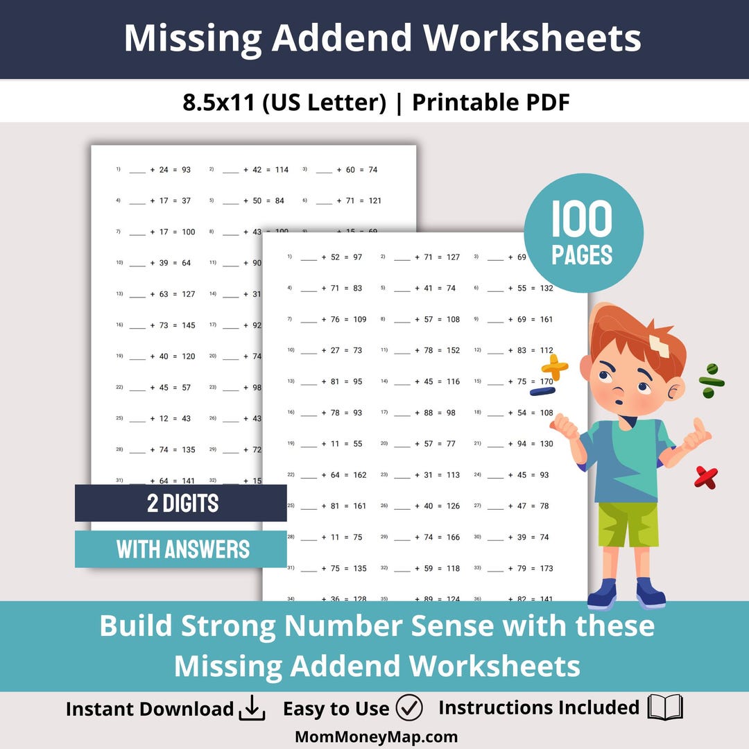 Missing Addend Worksheets Printable PDF | 2 Digit + 2 Digit Addition ...