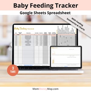 May include: A laptop and tablet displaying a "Baby Feeding Tracker" spreadsheet. The laptop screen shows a detailed feeding log, while the tablet presents feeding charts. Text includes "Baby Feeding Tracker," "Google Sheets Spreadsheet," and "With Feeding Summaries & Charts."