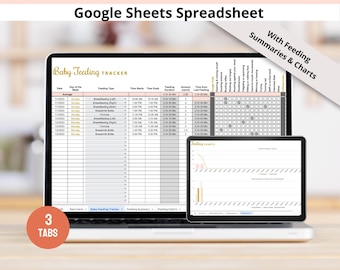 May include: A laptop and tablet displaying a "Baby Feeding Tracker" spreadsheet. The laptop screen shows a detailed feeding log, while the tablet presents feeding charts. Text includes "Baby Feeding Tracker," "Google Sheets Spreadsheet," and "With Feeding Summaries & Charts."