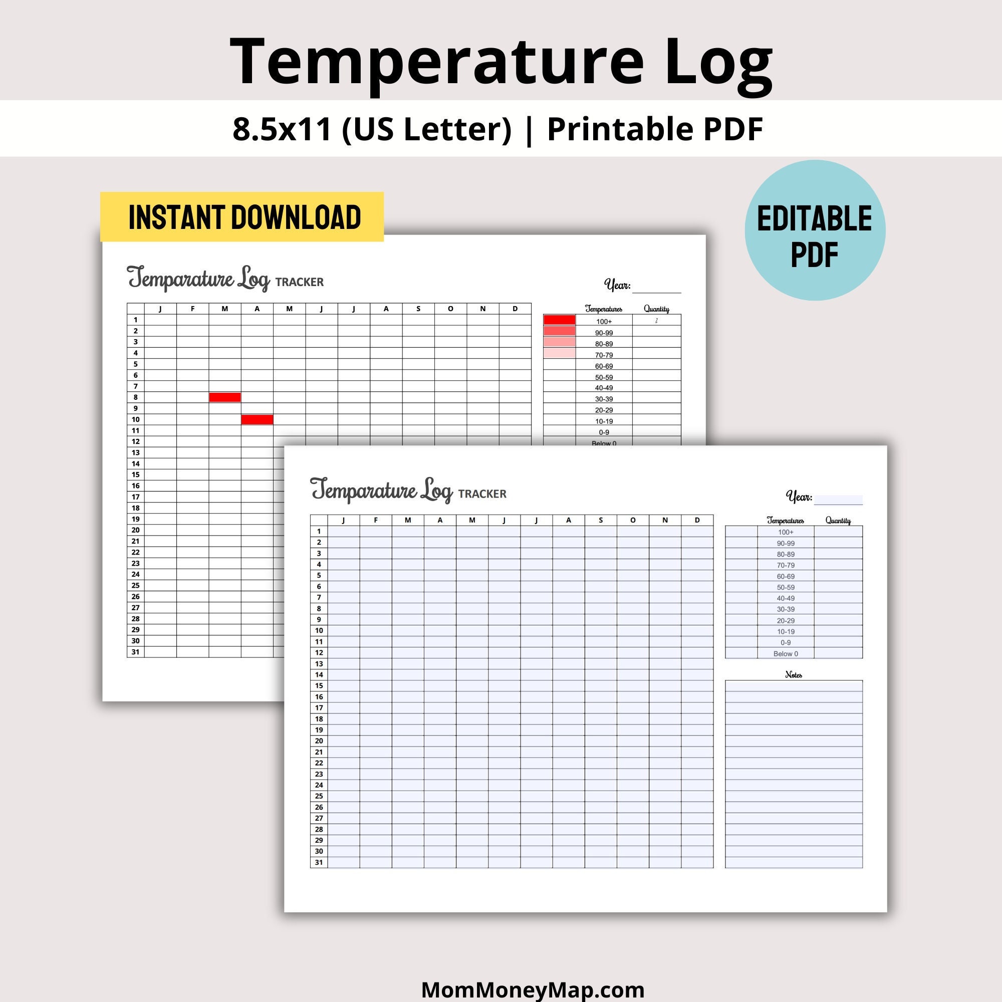 Temperature Log Printable PDF, Temperature Tracker Printable, Editable ...