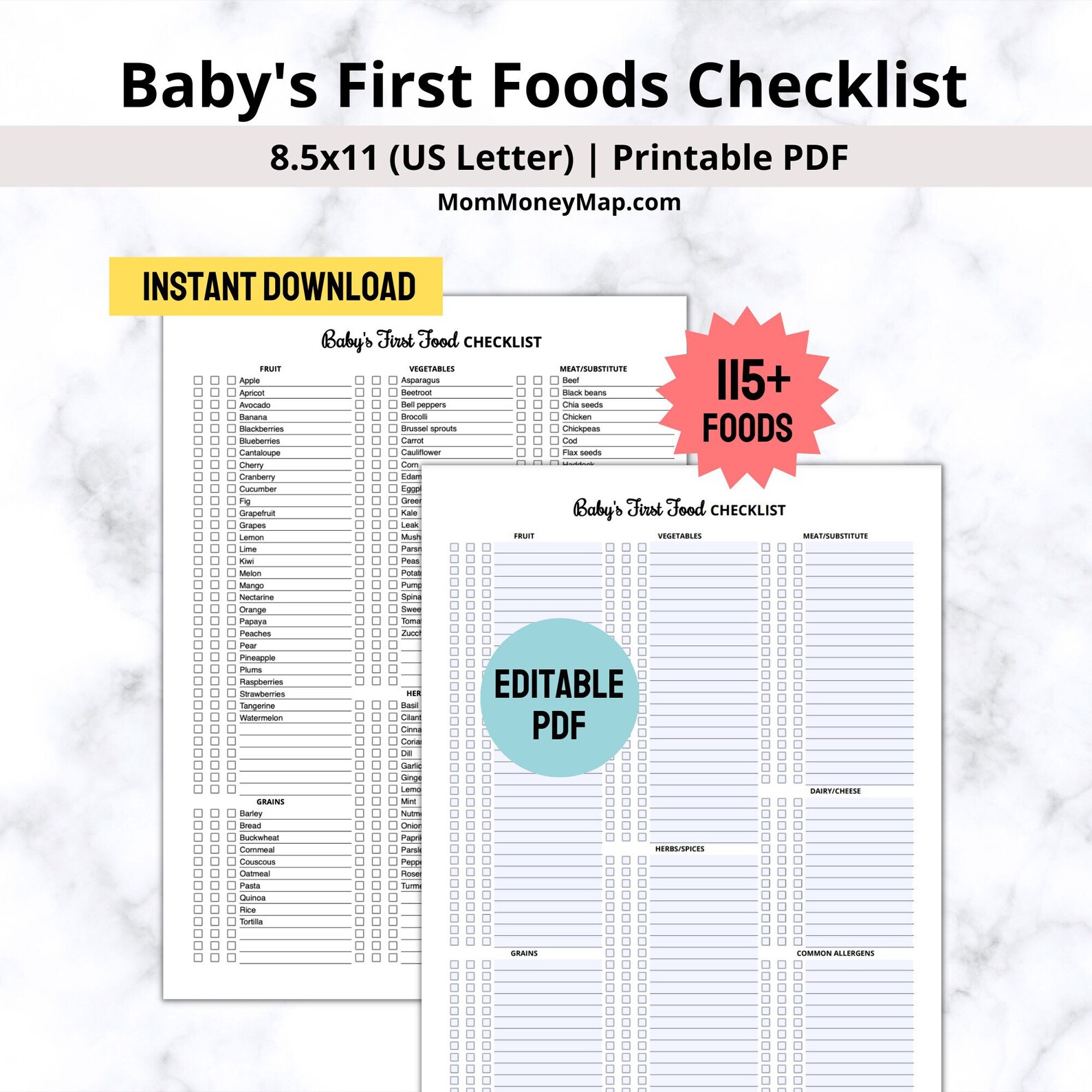 Baby's First Foods Checklist Printable PDF, Baby Food Tracker, Baby ...