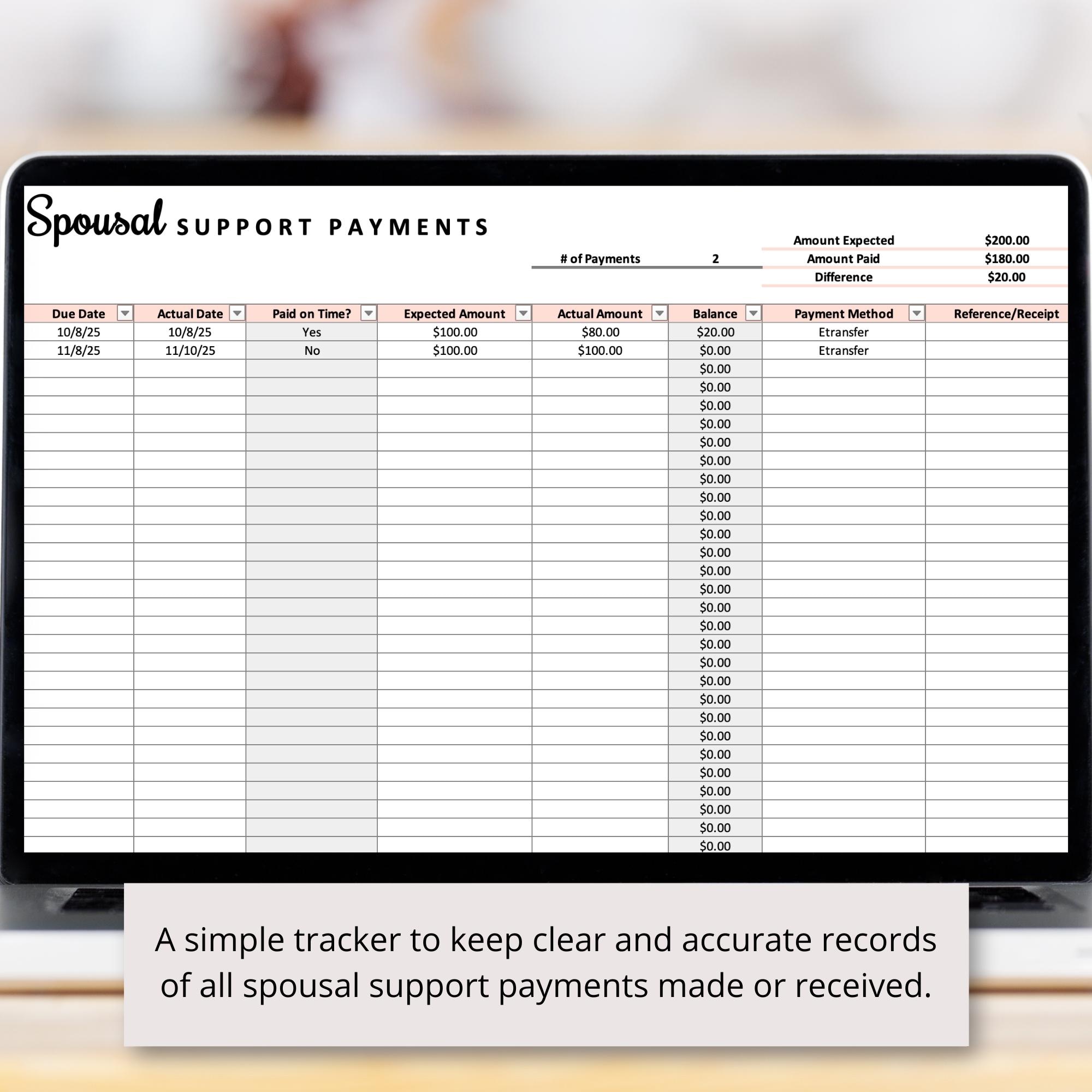 Shelp Help Tracker Spousal Support Payment Tracker Excel Spreadsheet, Alimony Log Excel ...