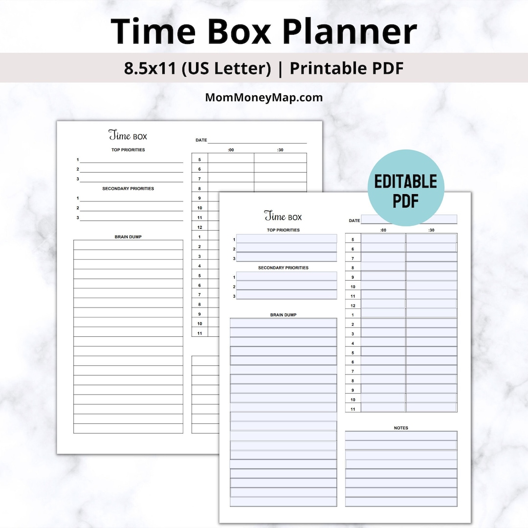 Time Box Planner Printable PDF, Daily Time Planner, Time Management Time Box Planner Printable PDF, Daily Time Planner, Time Management