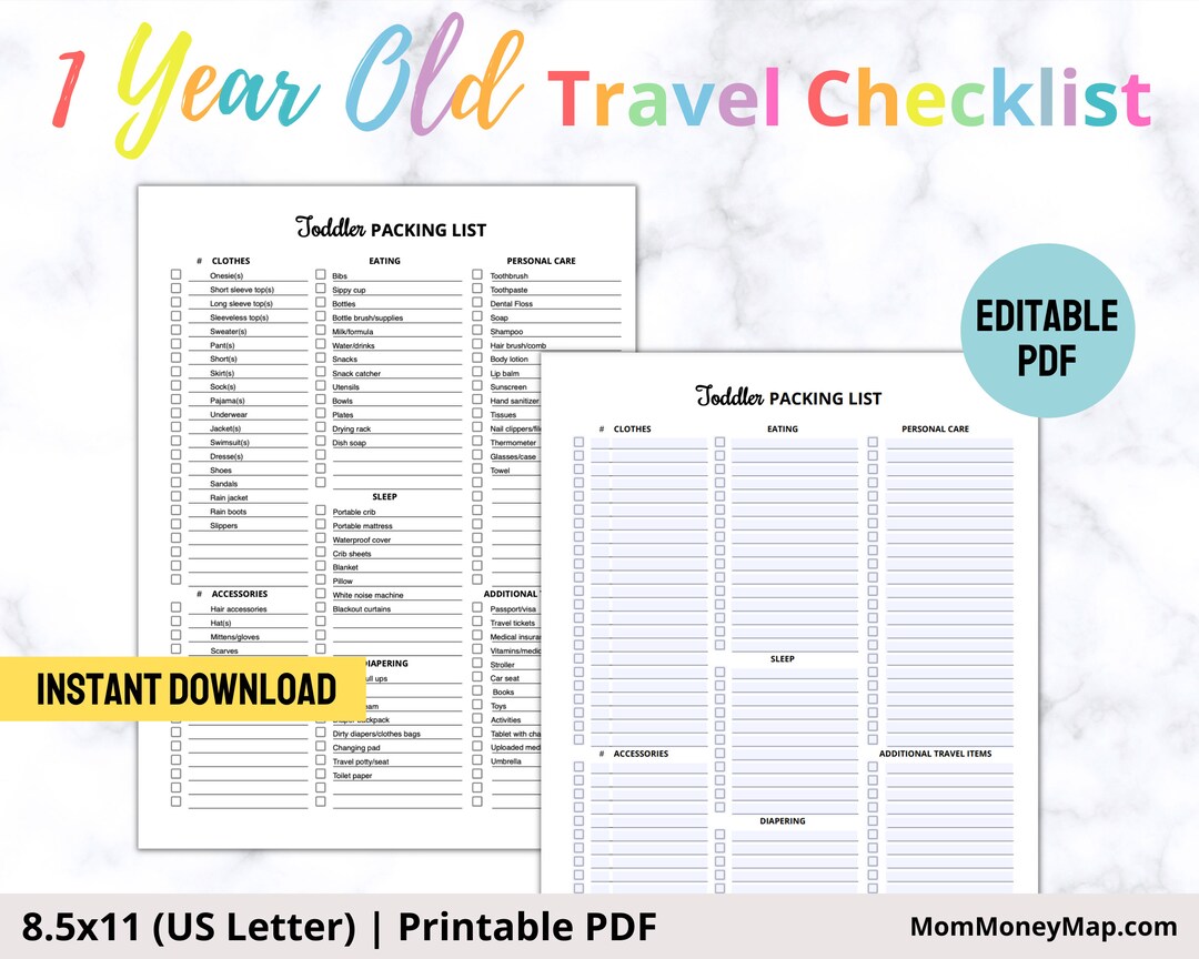 Toddler Packing List Printable PDF 1 Year Old Travel - Etsy