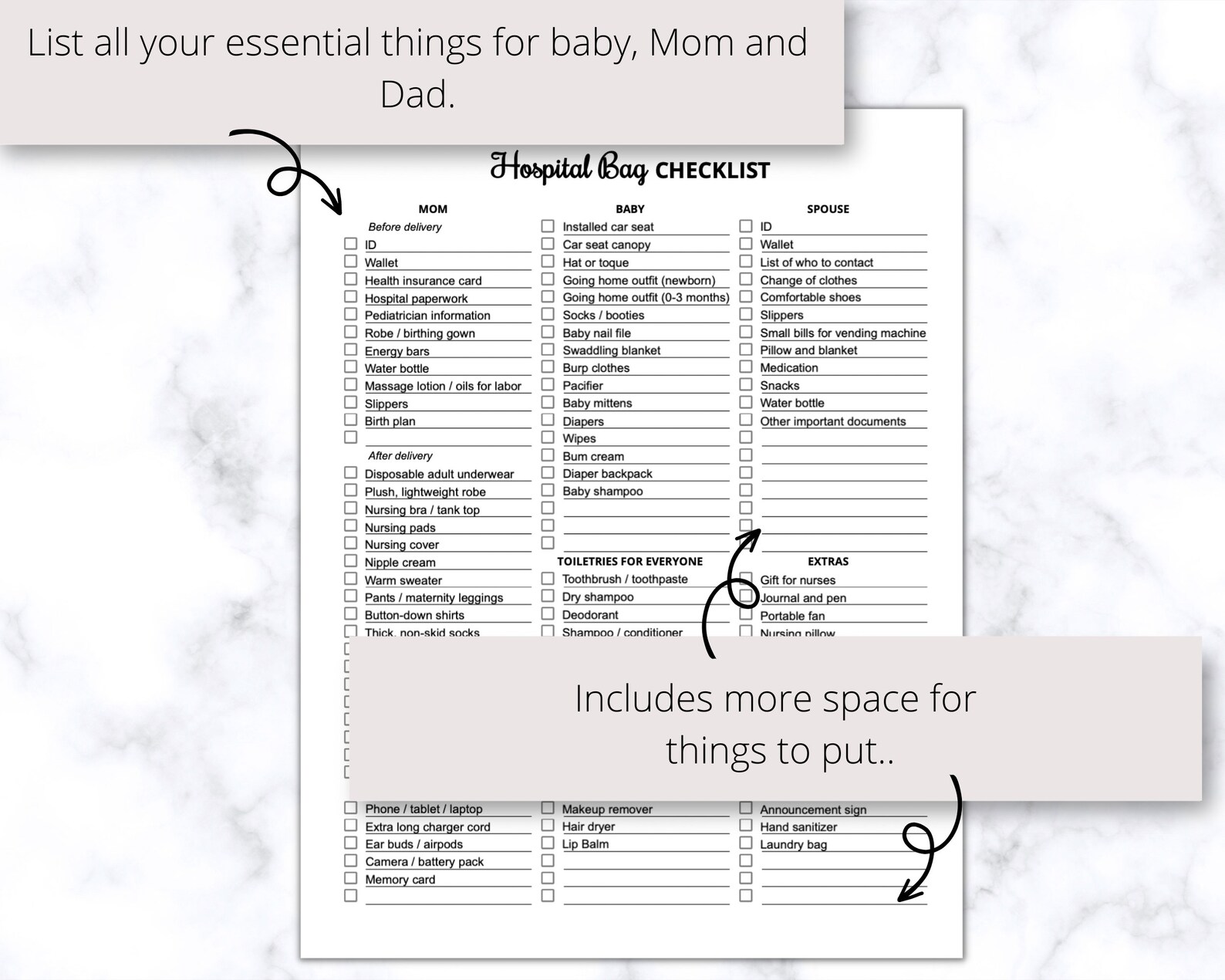 Hospital Bag Checklist Printable PDF, Hospital Bag Must Haves, Mom and ...