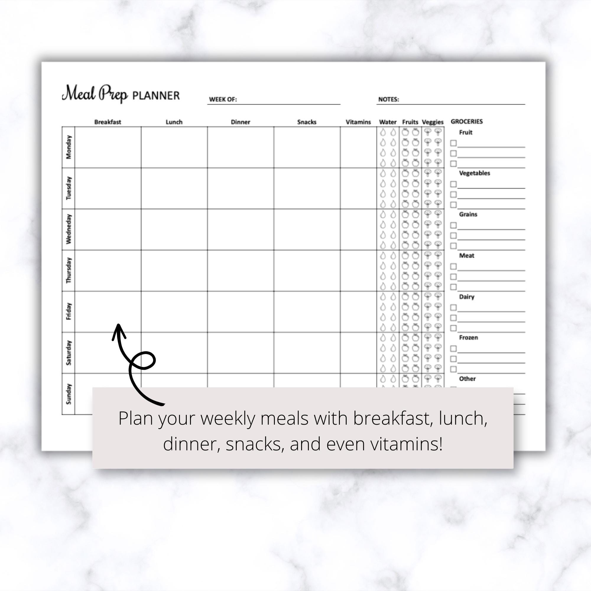 Meal Prep Planner Printable PDF, Weekly Meal Planner, Menu Planner