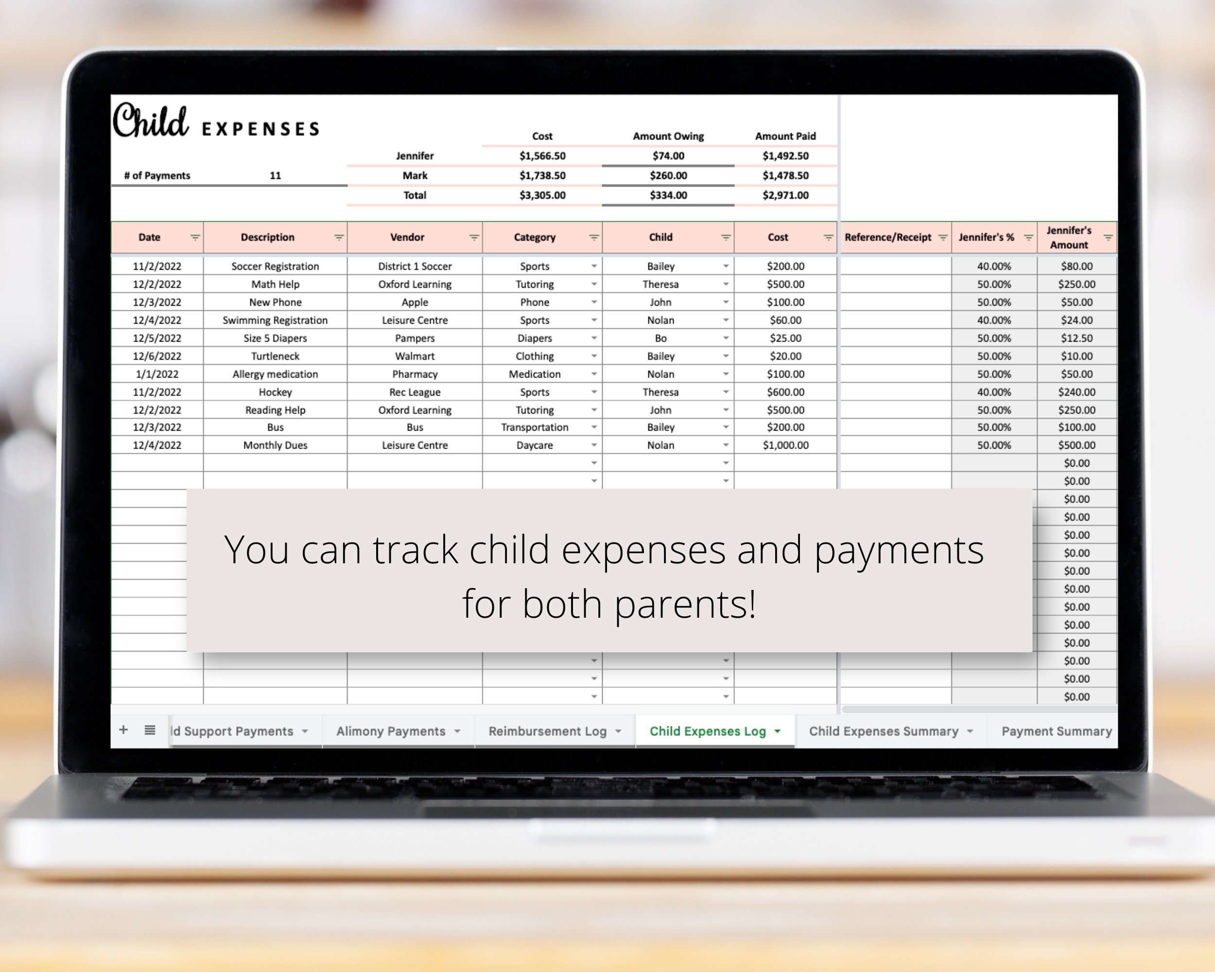 Child Support Tracker Google Sheets Spreadsheet Child Custody Etsy