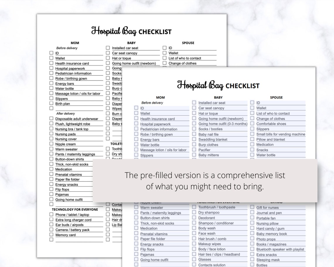 Hospital Bag Checklist Printable PDF Hospital Bag Must Haves - Etsy