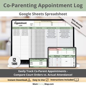 Könnte beinhalten: Ein Laptop-Bildschirm zeigt eine Tabelle mit einem Co-Parenting-Terminprotokoll. Die Tabelle enthält Spalten für Start- und Endzeiten, Dauer und Terminarten. Zusätzliche Bildschirme zeigen Terminübersichten und Anwesenheitsdetails. Der Text lautet "Co-Parenting Appointment Log".
