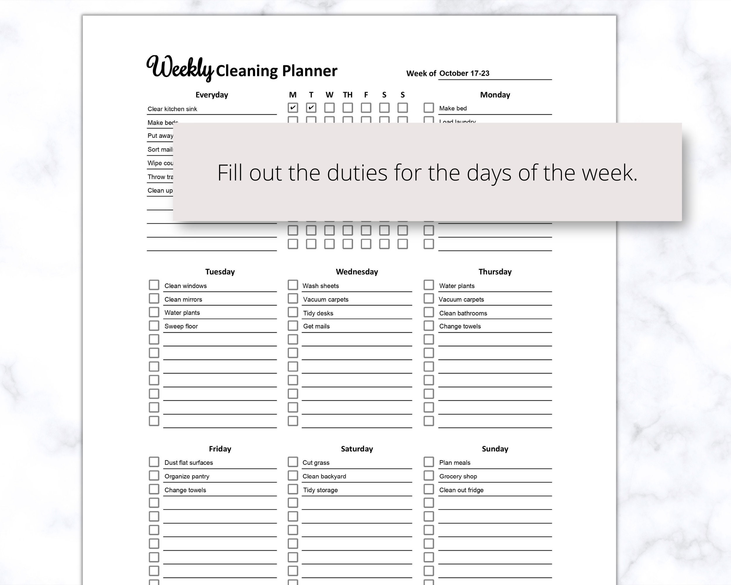 Weekly Cleaning Printable PDF, House Cleaning Schedule for Family ...