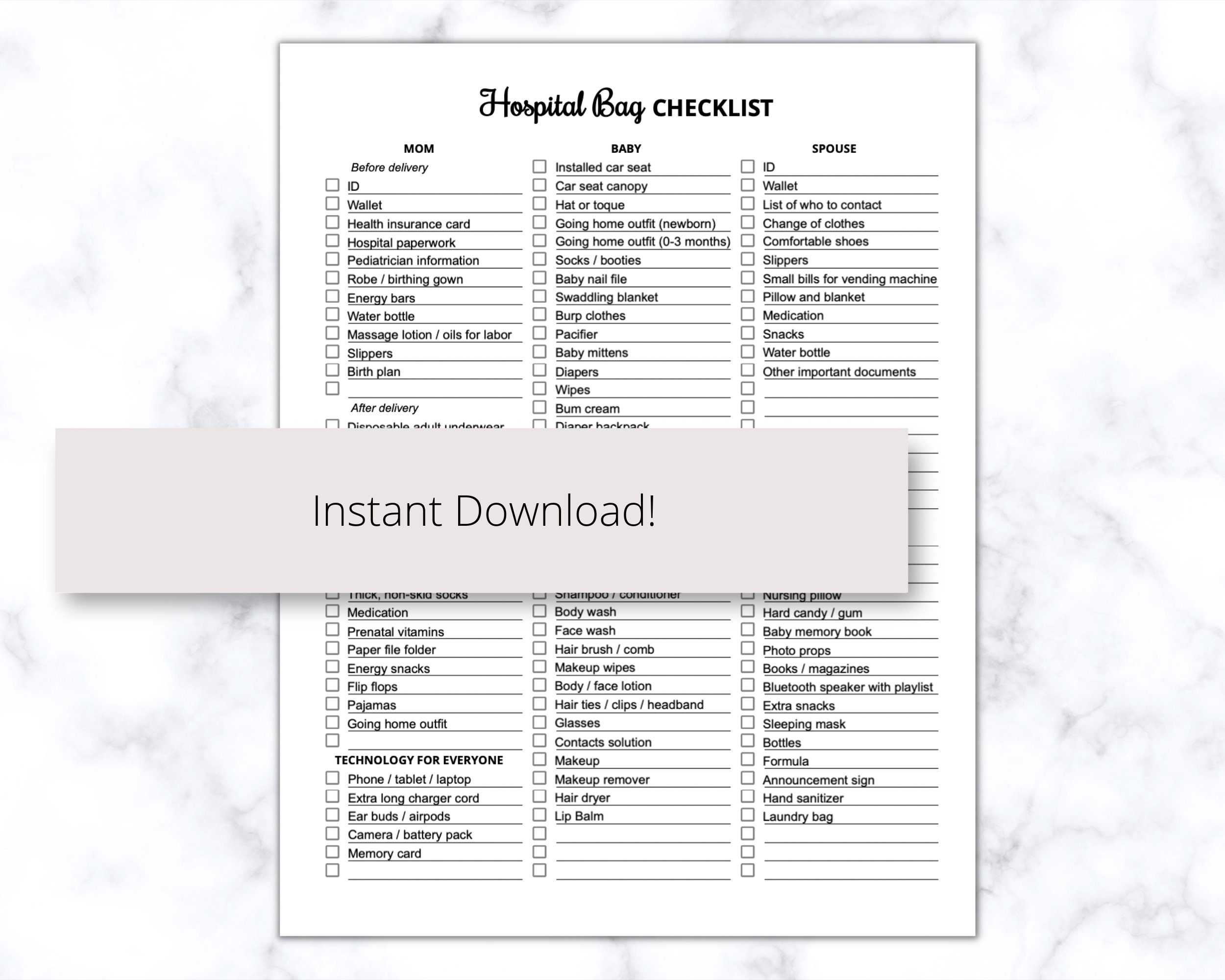 Hospital Bag Checklist Printable PDF, Hospital Bag Must Haves, Mom and