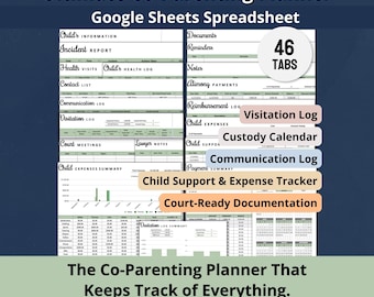 Planificador definitivo de crianza compartida: plantilla de hoja de cálculo de Google Sheets para el seguimiento de la custodia de los hijos, los horarios de visitas y los pagos de manutención (digital).