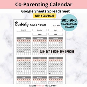 4 Guardians Co-Parenting Calendar Google Sheets Spreadsheet, Co Parenting Calendar, Child Custody Calendar, Custody Schedule Shared Calendar