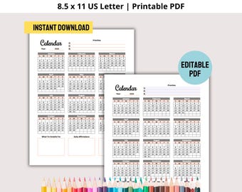 2026 Calendar Printable PDF in Color, Year At A Glance PDF, 2026 Priorities and Affirmations Printable, 2026 Digital Calendar PDF Template