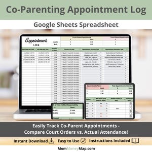 Könnte beinhalten: Ein Laptop und ein Tablet zeigen eine Tabelle mit einem Co-Parenting-Terminprotokoll. Der Bildschirm zeigt eine Tabelle mit Spalten für Start- und Endzeiten, Dauer und Termindetails. Der Text auf dem Bildschirm lautet "Co-Parenting Appointment Log."