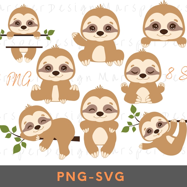 Baby Sloth Svg, Cute sloth Clipart, Sloth Baby Bundle, Clip Art Set Files