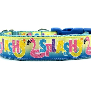 May include: A yellow, blue, and pink dog collar with the text "Splash" printed on it. The collar features a flamingo and a rubber ducky.