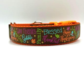 May include: A brown and orange dog collar with a Thanksgiving themed pattern. The pattern includes the words "Give Thanks", "Gobble", "Family", "Blessed", "Thankful", and "Happy Thanksgiving".