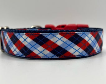 Red White and Blue Plaid Dog Collar