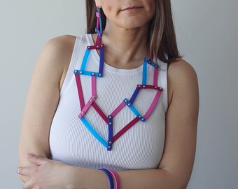 Statement Geometric Necklace / Colorful Bib Necklace / Blue Pink Magenta Necklace / Artistic Jewelry / Unique Rubber Jewelry For Her