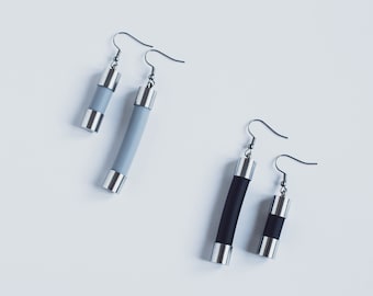 Line Earrings / Black Rubber Stick Earrings / Gray Earrings / Asymmetrical Earrings / Everyday Earrings / Modern Earrings for Her