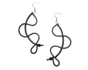 Black Rubber Dangle Earrings / Long Squiggle Earrings For Her / Snake Earrings / Contemporary Jewelry for Women